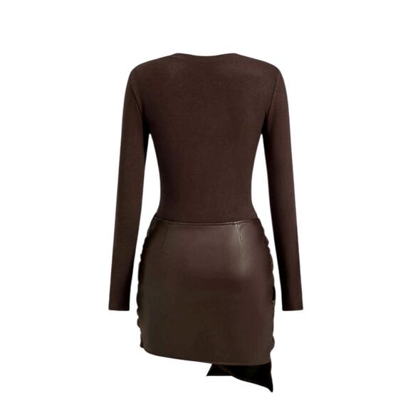 Micas Womens Small Faux Leather Patchwork Tie Front Round Neck Ruched Mini Dress - Picture 2 of 7